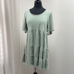 New-In Green Mini Dress with Tiered Design and Bell Sleeves